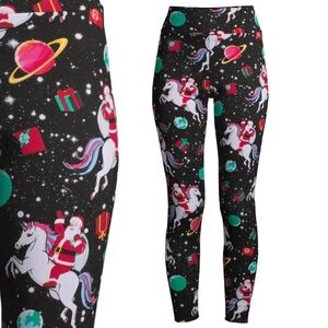 NO BOUNDARIES Fleece Lined Santa and Unicorn Print Christmas Leggings Sz S